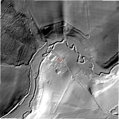 Shaded relief map of the ground around SN67PZ, computed from Environment Agency LiDAR. The ground here sits at about 87 m above sea level and falls 27 m across the surrounding 800 m. Surface water reaching this point runs off ground lying to the south, 22.2 m higher.