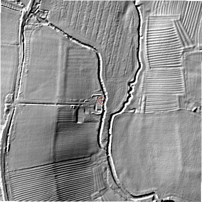 Shaded relief map of the ground around SN67QP, computed from Environment Agency LiDAR. The ground here sits at about 74 m above sea level and falls 15 m across the surrounding 800 m. Surface water reaching this point runs off ground lying to the south-west, 12.0 m higher.