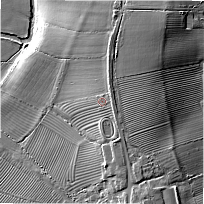 Shaded relief map of the ground around SN67RB, computed from Environment Agency LiDAR. The ground here sits at about 84 m above sea level and falls 15 m across the surrounding 800 m. Surface water reaching this point runs off ground lying to the north-east, 2.5 m higher.