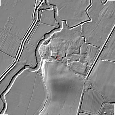 Shaded relief map of the ground around SN67RD, computed from Environment Agency LiDAR. The ground here sits at about 75 m above sea level and falls 7 m across the surrounding 800 m. Surface water reaching this point runs off ground lying to the west, 1.6 m higher.