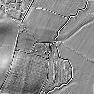 Shaded relief map of the ground around SN67RE, computed from Environment Agency LiDAR. The ground here sits at about 73 m above sea level and falls 9 m across the surrounding 800 m. Surface water reaching this point runs off ground lying to the west-north-west, 1.3 m higher.