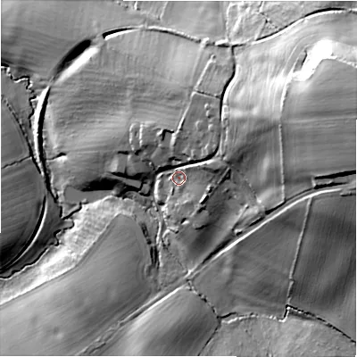 Shaded relief map of the ground around SN67RL, computed from Environment Agency LiDAR. The ground here sits at about 100 m above sea level and falls 41 m across the surrounding 800 m. Surface water reaching this point runs off ground lying to the north-east, 17.7 m higher.