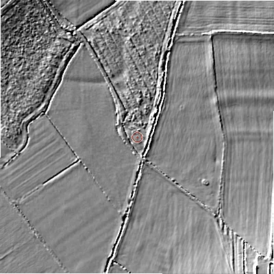 Shaded relief map of the ground around SN67TD, computed from Environment Agency LiDAR. The ground here sits at about 76 m above sea level and falls 7 m across the surrounding 800 m. Surface water reaching this point runs off ground lying to the east-south-east, 1.7 m higher.
