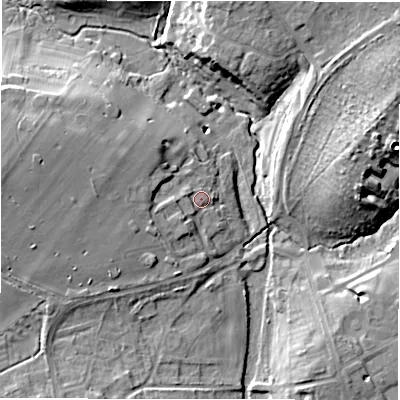 Shaded relief map of the ground around SN68BX, computed from Environment Agency LiDAR. The ground here sits at about 90 m above sea level and falls 14 m across the surrounding 800 m. Surface water reaching this point runs off ground lying to the west-south-west, 3.3 m higher.