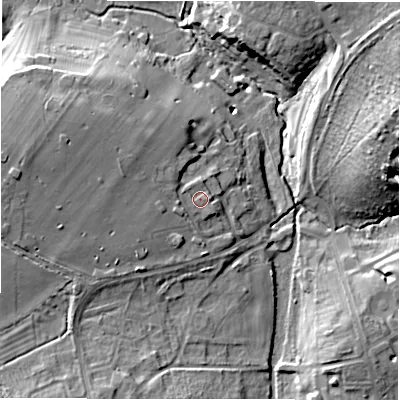Shaded relief map of the ground around SN68EY, computed from Environment Agency LiDAR. The ground here sits at about 92 m above sea level and falls 14 m across the surrounding 800 m. Surface water reaching this point runs off ground lying to the west, 1.8 m higher.