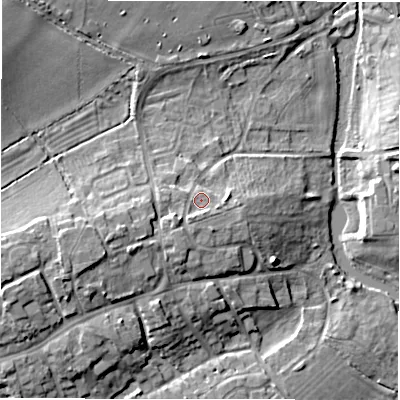 Shaded relief map of the ground around SN68HB, computed from Environment Agency LiDAR. The ground here sits at about 96 m above sea level and falls 16 m across the surrounding 800 m. Surface water reaching this point runs off ground lying to the west-south-west, 3.1 m higher.