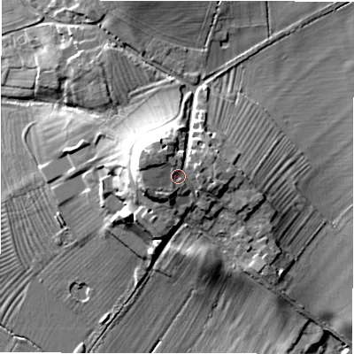 Shaded relief map of the ground around SN68HZ, computed from Environment Agency LiDAR. The ground here sits at about 110 m above sea level and falls 22 m across the surrounding 800 m. Surface water reaching this point runs off ground lying to the west-north-west, 2.8 m higher.