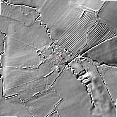 Shaded relief map of the ground around SN68JJ, computed from Environment Agency LiDAR. The ground here sits at about 94 m above sea level and falls 10 m across the surrounding 800 m. Surface water reaching this point runs off ground lying to the south-south-west, 1.6 m higher.