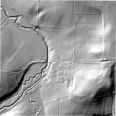 Shaded relief map of the ground around SN68TH, computed from Environment Agency LiDAR. The ground here sits at about 86 m above sea level and falls 33 m across the surrounding 800 m. Surface water reaching this point runs off ground lying to the east, 5.6 m higher.