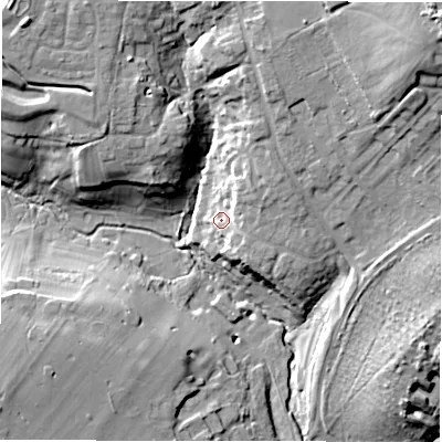Shaded relief map of the ground around SN68TN, computed from Environment Agency LiDAR. The ground here sits at about 92 m above sea level and falls 22 m across the surrounding 800 m. Surface water reaching this point runs off ground lying to the north-east, 5.2 m higher.