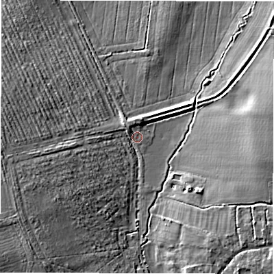 Shaded relief map of the ground around SN77PS, computed from Environment Agency LiDAR. The ground here sits at about 82 m above sea level and falls 12 m across the surrounding 800 m. Surface water reaching this point runs off ground lying to the south-west, 9.6 m higher.