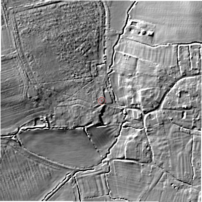 Shaded relief map of the ground around SN77RD, computed from Environment Agency LiDAR. The ground here sits at about 85 m above sea level and falls 10 m across the surrounding 800 m. Surface water reaching this point runs off ground lying to the west-south-west, 3.9 m higher.