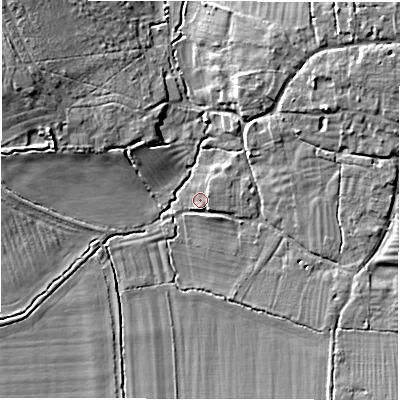 Shaded relief map of the ground around SN77RG, computed from Environment Agency LiDAR. The ground here sits at about 84 m above sea level and falls 9 m across the surrounding 800 m. Surface water reaching this point runs off ground lying to the east, 4.2 m higher.