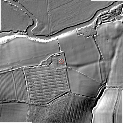 Shaded relief map of the ground around SN78BJ, computed from Environment Agency LiDAR. The ground here sits at about 75 m above sea level and falls 14 m across the surrounding 800 m. Surface water reaching this point runs off ground lying to the south-west, 4.4 m higher.