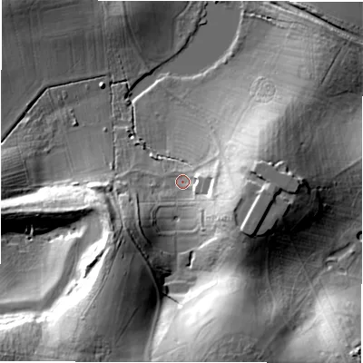 Shaded relief map of the ground around SN78BU, computed from Environment Agency LiDAR. The ground here sits at about 84 m above sea level and falls 31 m across the surrounding 800 m. Surface water reaching this point runs off ground lying to the east-south-east, 14.1 m higher.