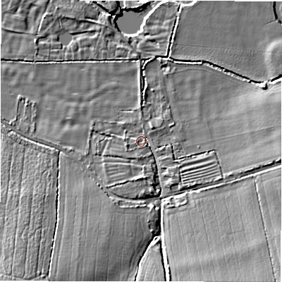 Shaded relief map of the ground around SN78DA, computed from Environment Agency LiDAR. The ground here sits at about 72 m above sea level and falls 14 m across the surrounding 800 m. Surface water reaching this point runs off ground lying to the south-east, 8.3 m higher.