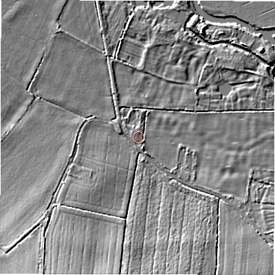 Shaded relief map of the ground around SN78DG, computed from Environment Agency LiDAR. The ground here sits at about 72 m above sea level and falls 11 m across the surrounding 800 m. Surface water reaching this point runs off ground lying to the south, 7.7 m higher.