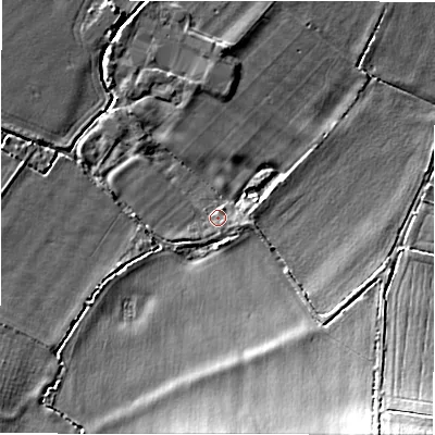 Shaded relief map of the ground around SN78DJ, computed from Environment Agency LiDAR. The ground here sits at about 73 m above sea level and falls 17 m across the surrounding 800 m. Surface water reaching this point runs off ground lying to the south-east, 1.0 m higher.