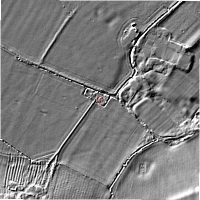 Shaded relief map of the ground around SN78DN, computed from Environment Agency LiDAR. The ground here sits at about 72 m above sea level and falls 7 m across the surrounding 800 m. Surface water reaching this point runs off ground lying to the south-east, 6.6 m higher.