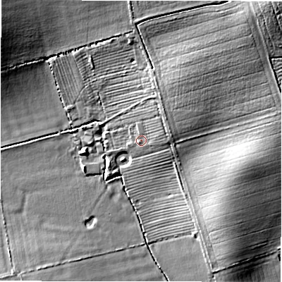 Shaded relief map of the ground around SN78DP, computed from Environment Agency LiDAR. The ground here sits at about 78 m above sea level and falls 11 m across the surrounding 800 m. Surface water reaching this point runs off ground lying to the north-east, 3.0 m higher.