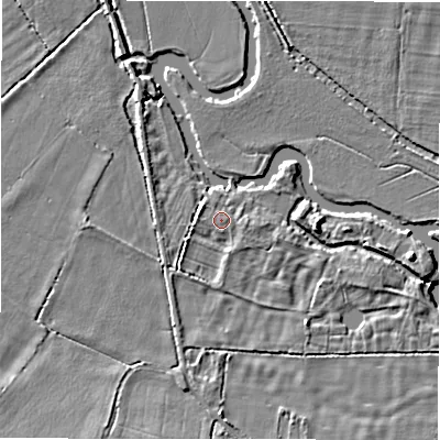 Shaded relief map of the ground around SN78DQ, computed from Environment Agency LiDAR. The ground here sits at about 72 m above sea level and falls 5 m across the surrounding 800 m. Surface water reaching this point runs off ground lying to the west-south-west, 1.3 m higher.