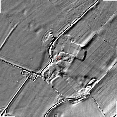 Shaded relief map of the ground around SN78DW, computed from Environment Agency LiDAR. The ground here sits at about 72 m above sea level and falls 6 m across the surrounding 800 m. Surface water reaching this point runs off ground lying to the east, 1.4 m higher.