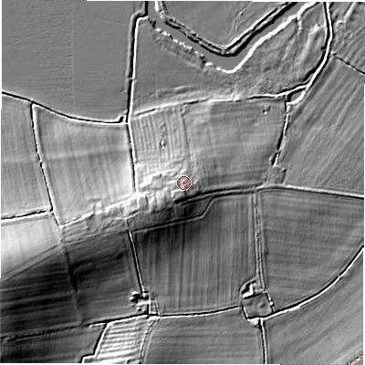 Shaded relief map of the ground around SN78DY, computed from Environment Agency LiDAR. The ground here sits at about 75 m above sea level and falls 15 m across the surrounding 800 m. Surface water reaching this point runs off ground lying to the south-south-west, 2.8 m higher.