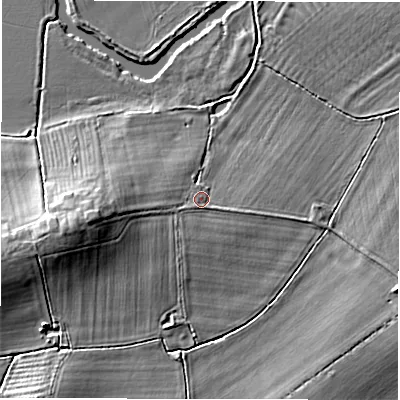 Shaded relief map of the ground around SN78EA, computed from Environment Agency LiDAR. The ground here sits at about 71 m above sea level and falls 10 m across the surrounding 800 m. Surface water reaching this point runs off ground lying to the west-south-west, 6.1 m higher.