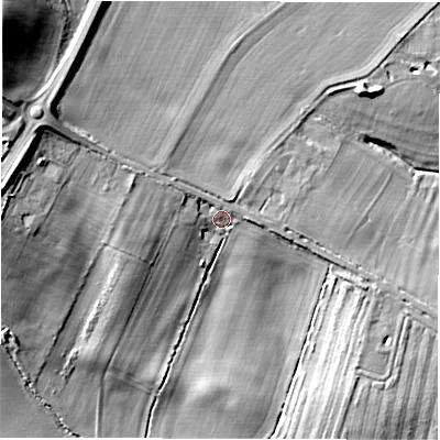 Shaded relief map of the ground around SN78ET, computed from Environment Agency LiDAR. The ground here sits at about 110 m above sea level and falls 44 m across the surrounding 800 m. Surface water reaching this point runs off ground lying to the north-north-west, 15.4 m higher.