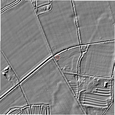 Shaded relief map of the ground around SN78JS, computed from Environment Agency LiDAR. The ground here sits at about 68 m above sea level and falls 5 m across the surrounding 800 m. Surface water reaching this point runs off ground lying to the west, 0.7 m higher.