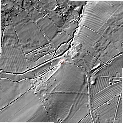 Shaded relief map of the ground around SN78NP, computed from Environment Agency LiDAR. The ground here sits at about 70 m above sea level and falls 7 m across the surrounding 800 m. Surface water reaching this point runs off ground lying to the south, 1.1 m higher.