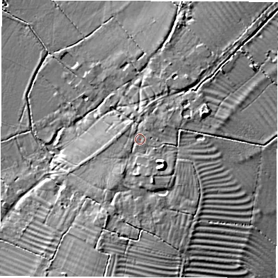 Shaded relief map of the ground around SN78PA, computed from Environment Agency LiDAR. The ground here sits at about 73 m above sea level and falls 9 m across the surrounding 800 m. Surface water reaching this point runs off ground lying to the south-south-east, 2.7 m higher.