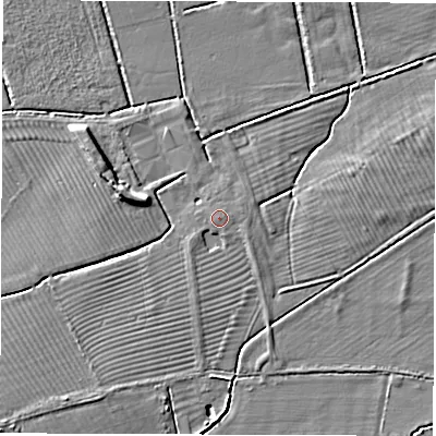 Shaded relief map of the ground around SN78PF, computed from Environment Agency LiDAR. The ground here sits at about 67 m above sea level and falls 6 m across the surrounding 800 m. The ground contributing surface water to this point lies to the west-south-west.