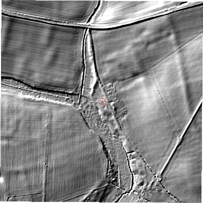 Shaded relief map of the ground around SN78PZ, computed from Environment Agency LiDAR. The ground here sits at about 74 m above sea level and falls 14 m across the surrounding 800 m. Surface water reaching this point runs off ground lying to the north-north-west, 1.8 m higher.