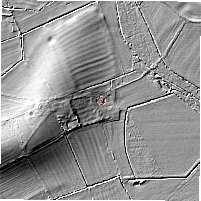 Shaded relief map of the ground around SN78QJ, computed from Environment Agency LiDAR. The ground here sits at about 68 m above sea level and falls 10 m across the surrounding 800 m. Surface water reaching this point runs off ground lying to the west, 6.6 m higher.