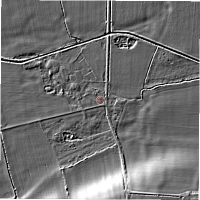 Shaded relief map of the ground around SN78RE, computed from Environment Agency LiDAR. The ground here sits at about 66 m above sea level and falls 12 m across the surrounding 800 m. Surface water reaching this point runs off ground lying to the south-east, 0.7 m higher.