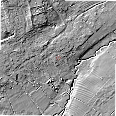 Shaded relief map of the ground around SN78SW, computed from Environment Agency LiDAR. The ground here sits at about 71 m above sea level and falls 12 m across the surrounding 800 m. Surface water reaching this point runs off ground lying to the west-north-west, 1.4 m higher.