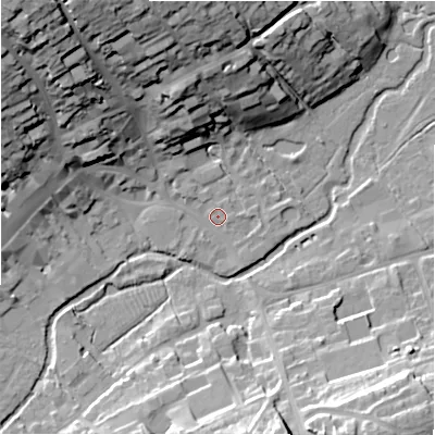Shaded relief map of the ground around SN81BA, computed from Environment Agency LiDAR. The ground here sits at about 126 m above sea level and falls 39 m across the surrounding 800 m. Surface water reaching this point runs off ground lying to the north-west, 6.8 m higher.