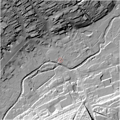 Shaded relief map of the ground around SN81BB, computed from Environment Agency LiDAR. The ground here sits at about 127 m above sea level and falls 38 m across the surrounding 800 m. Surface water reaching this point runs off ground lying to the south-south-west, 0.6 m higher.