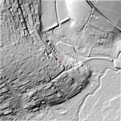 Shaded relief map of the ground around SN81BQ, computed from Environment Agency LiDAR. The ground here sits at about 137 m above sea level and falls 41 m across the surrounding 800 m. Surface water reaching this point runs off ground lying to the west, 25.8 m higher.