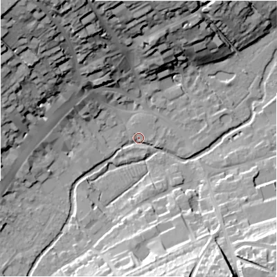 Shaded relief map of the ground around SN81EX, computed from Environment Agency LiDAR. The ground here sits at about 126 m above sea level and falls 39 m across the surrounding 800 m. Surface water reaching this point runs off ground lying to the north-west, 37.7 m higher.