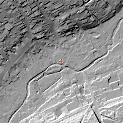 Shaded relief map of the ground around SN81FG, computed from Environment Agency LiDAR. The ground here sits at about 126 m above sea level and falls 39 m across the surrounding 800 m. Surface water reaching this point runs off ground lying to the north-west, 37.7 m higher.