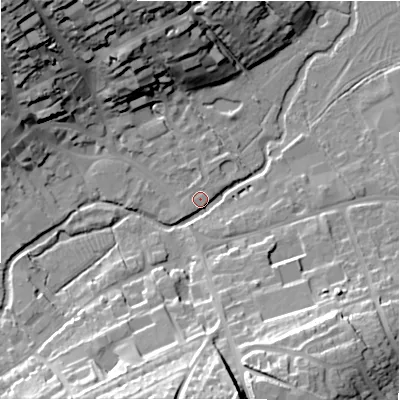 Shaded relief map of the ground around SN81LD, computed from Environment Agency LiDAR. The ground here sits at about 126 m above sea level and falls 34 m across the surrounding 800 m. Surface water reaching this point runs off ground lying to the north-west, 32.9 m higher.