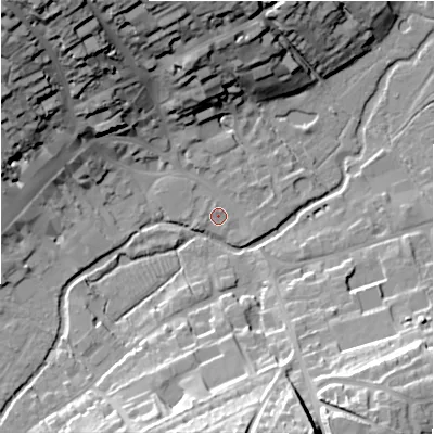 Shaded relief map of the ground around SN81LH, computed from Environment Agency LiDAR. The ground here sits at about 126 m above sea level and falls 36 m across the surrounding 800 m. Surface water reaching this point runs off ground lying to the north-north-west, 0.8 m higher.