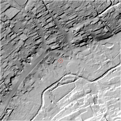 Shaded relief map of the ground around SN81NE, computed from Environment Agency LiDAR. The ground here sits at about 127 m above sea level and falls 44 m across the surrounding 800 m. Surface water reaching this point runs off ground lying to the north-west, 41.0 m higher.