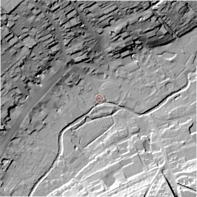 Shaded relief map of the ground around SN81NG, computed from Environment Agency LiDAR. The ground here sits at about 126 m above sea level and falls 38 m across the surrounding 800 m. Surface water reaching this point runs off ground lying to the north-west, 37.5 m higher.