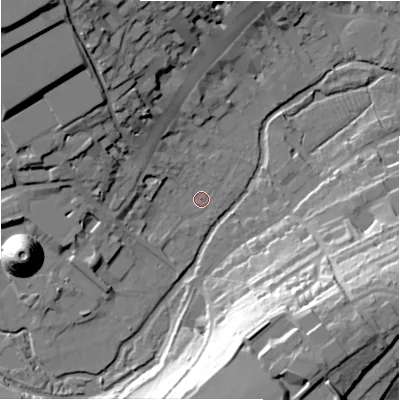 Shaded relief map of the ground around SN81NH, computed from Environment Agency LiDAR. The ground here sits at about 128 m above sea level and falls 38 m across the surrounding 800 m. Surface water reaching this point runs off ground lying to the north-west, 28.2 m higher.