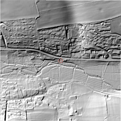 Shaded relief map of the ground around SN81NR, computed from Environment Agency LiDAR. The ground here sits at about 130 m above sea level and falls 38 m across the surrounding 800 m. Surface water reaching this point runs off ground lying to the north-west, 22.1 m higher.