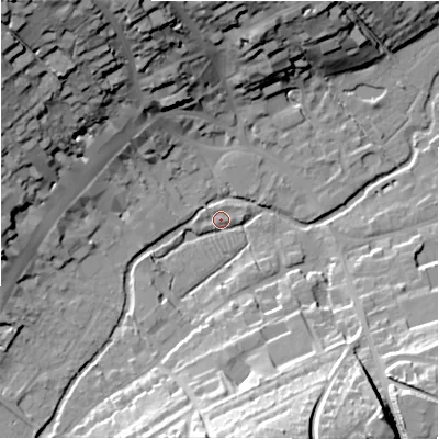 Shaded relief map of the ground around SN81NS, computed from Environment Agency LiDAR. The ground here sits at about 127 m above sea level and falls 36 m across the surrounding 800 m. Surface water reaching this point runs off ground lying to the south-south-east, 28.5 m higher.