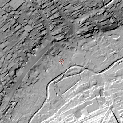 Shaded relief map of the ground around SN81NU, computed from Environment Agency LiDAR. The ground here sits at about 126 m above sea level and falls 41 m across the surrounding 800 m. Surface water reaching this point runs off ground lying to the north-west, 38.9 m higher.